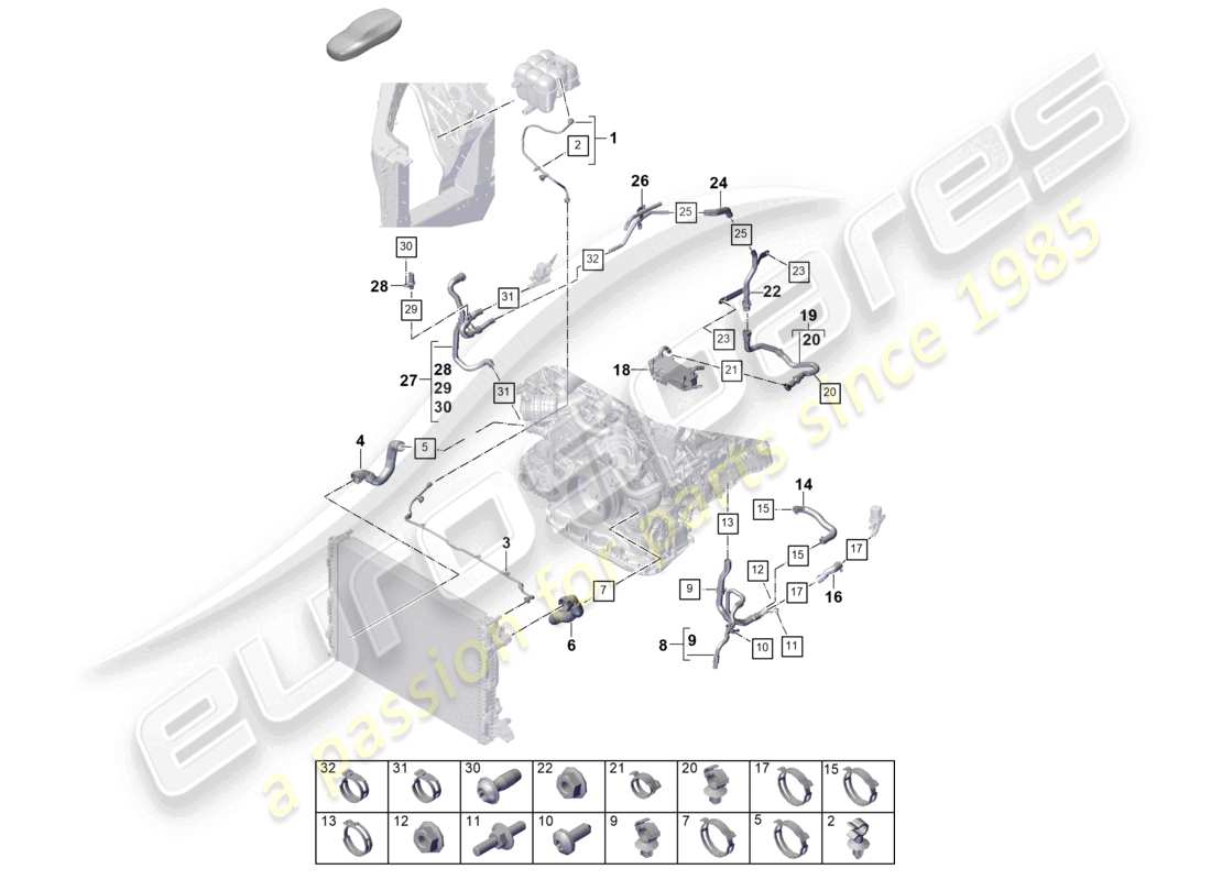 porsche 2023 (cayenne e3 pa) sistema de enfriamiento de refrigerante tanque de expansión de refrigerante diagrama de piezas de la tubería de refrigerante