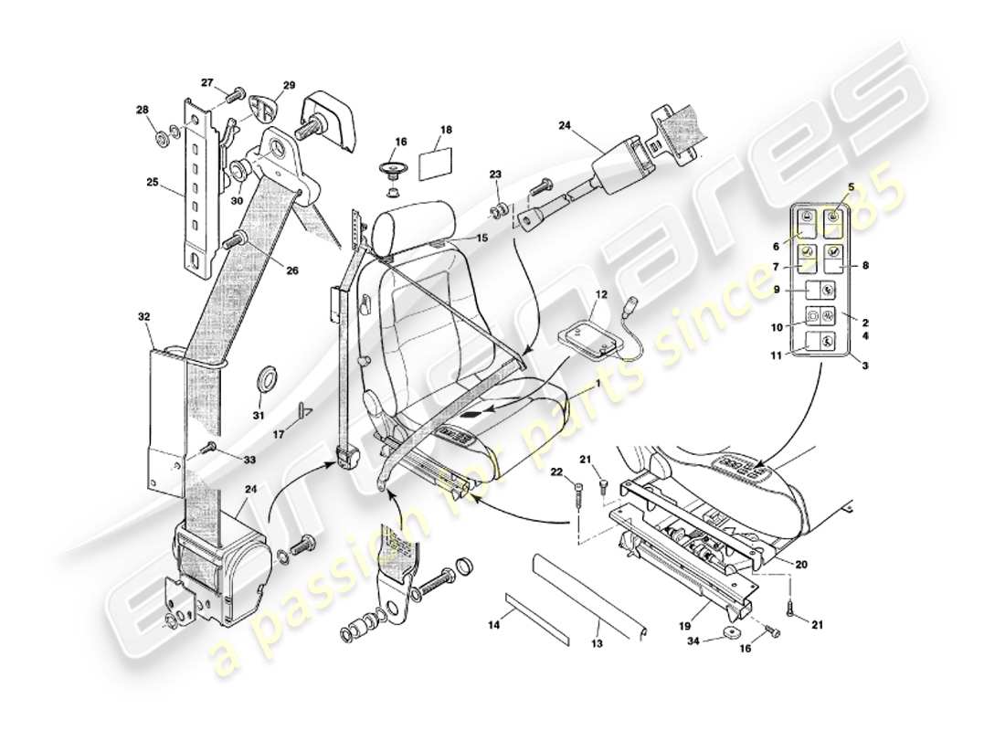 aston martin v8 coupe (1999) diagrama de piezas de asientos delanteros y cinturones v79080 y v79074on