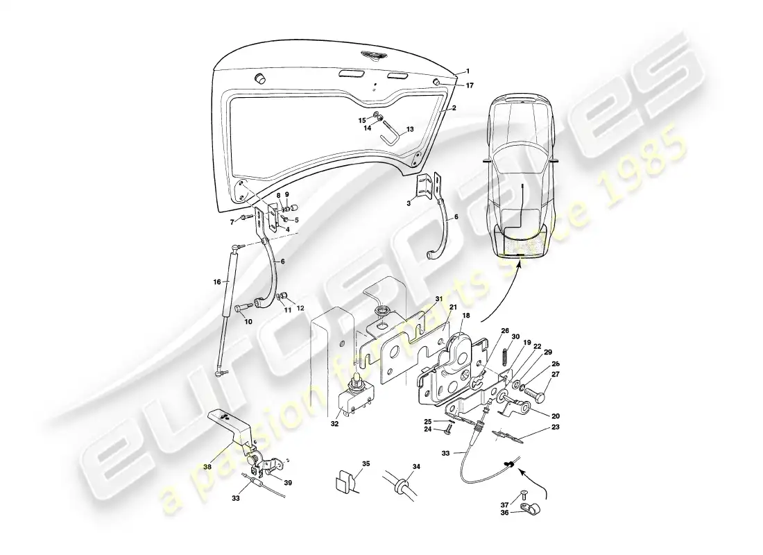 aston martin v8 coupe (1999) tapa del maletero, al vin v79079excl v79074 diagrama de piezas