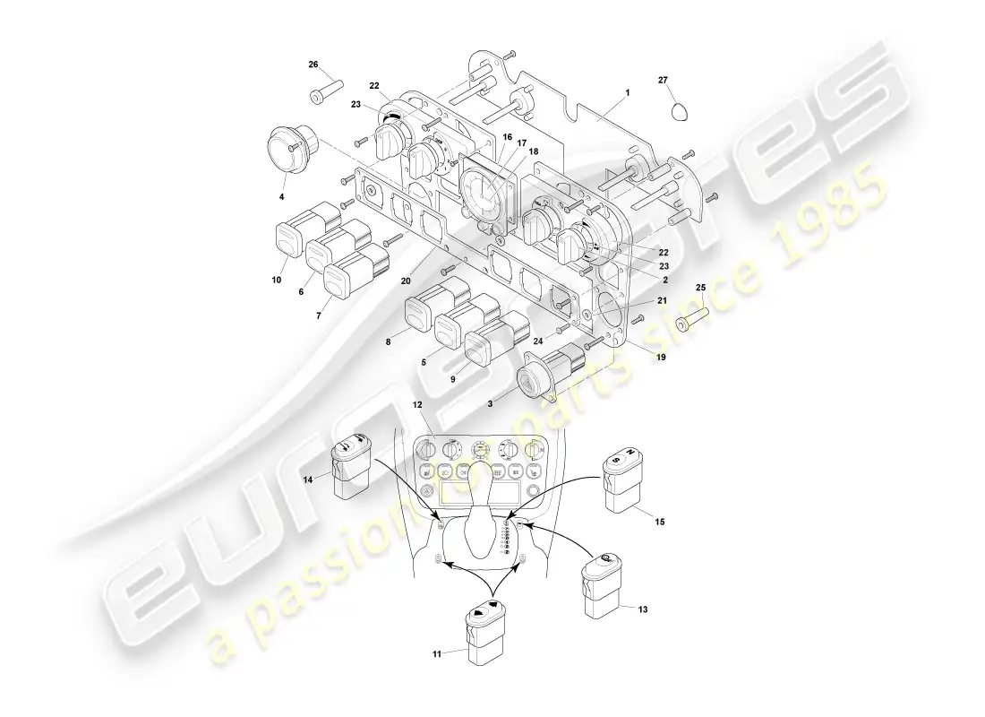 aston martin db7 vantage (2003) diagrama de piezas de instrumentos y controles
