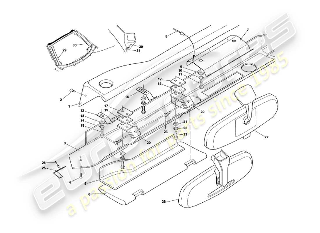 aston martin v8 volante (2000) diagrama de piezas de fascia y molduras