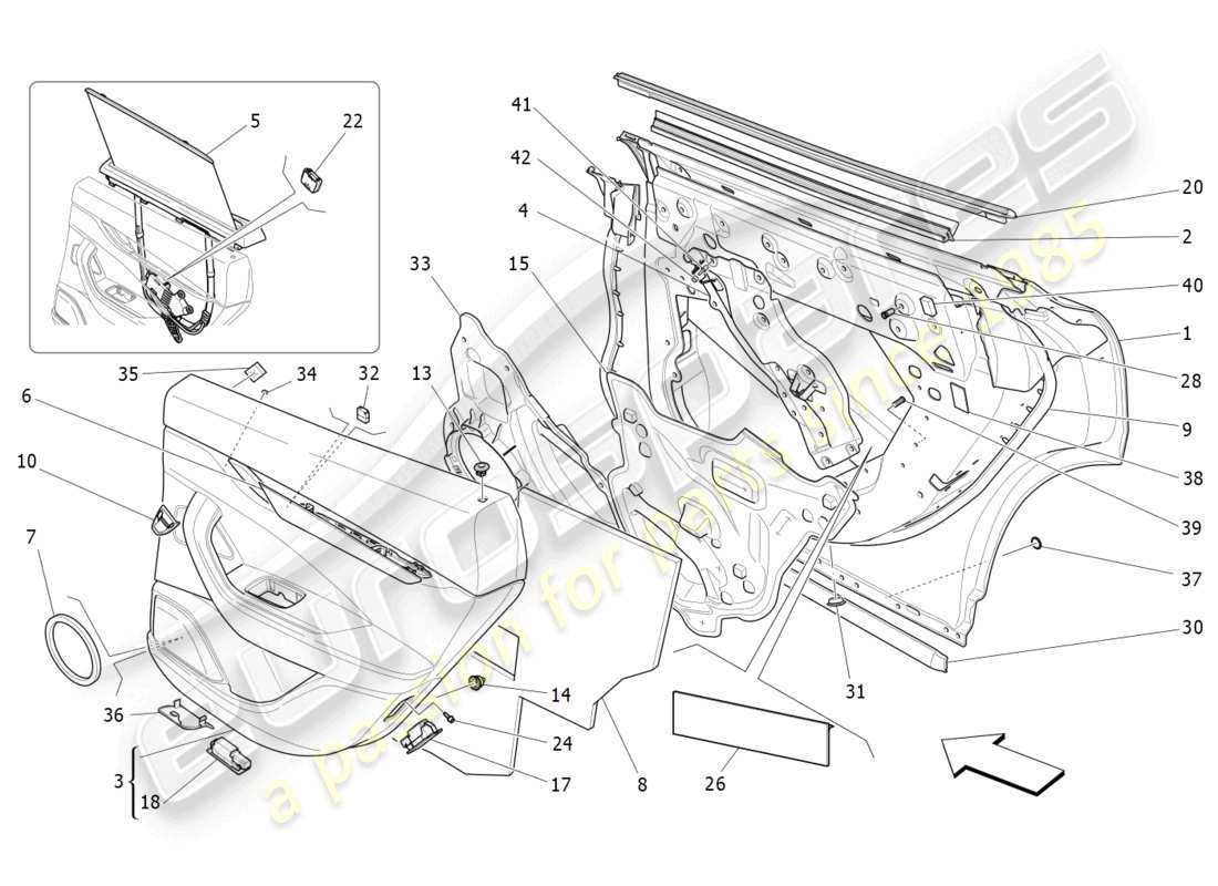 maserati levante trofeo (2020) puertas traseras: diagrama de piezas de los paneles embellecedores