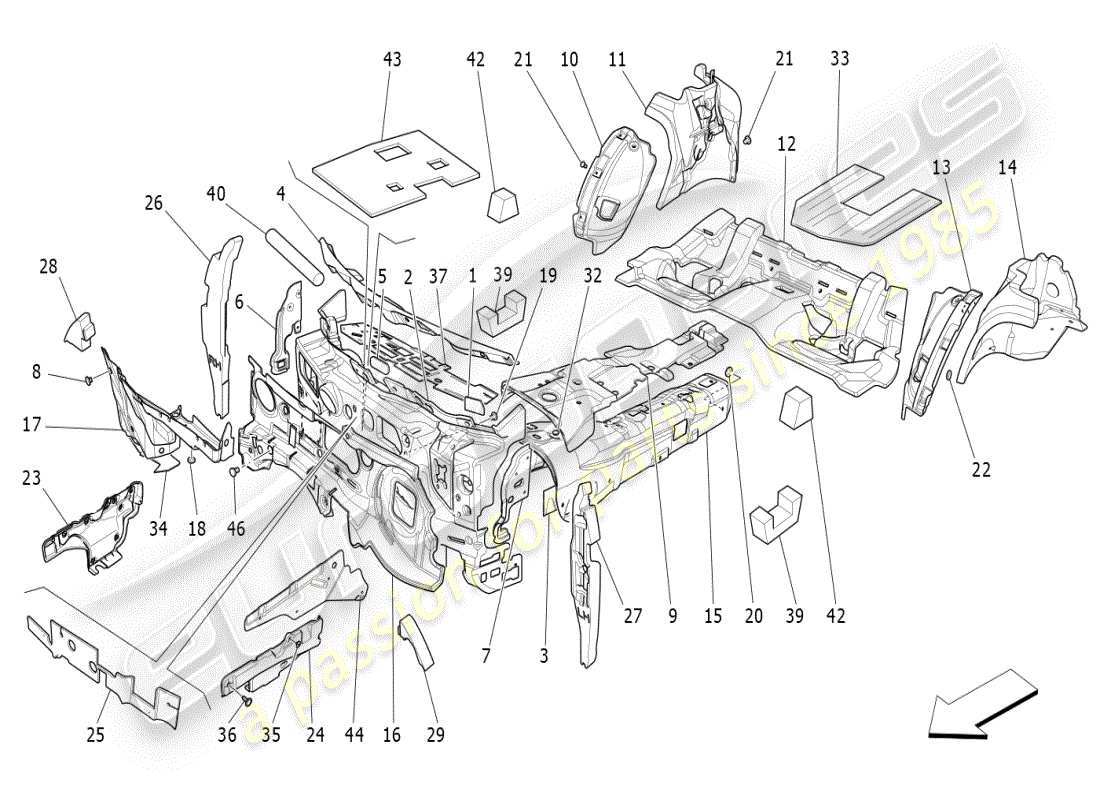 maserati ghibli (2021) paneles de insonorización en el interior del vehículo. diagrama de piezas.