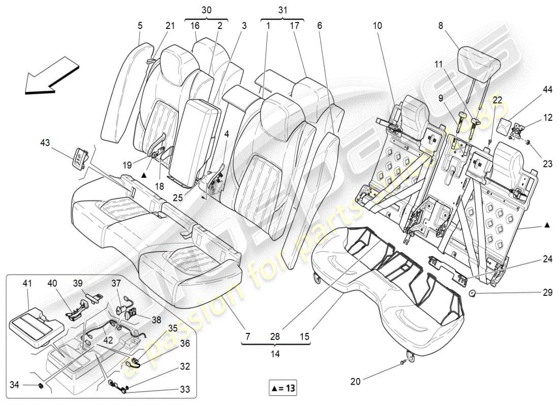 maserati ghibli (2019) asientos traseros: paneles acabados diagrama de piezas