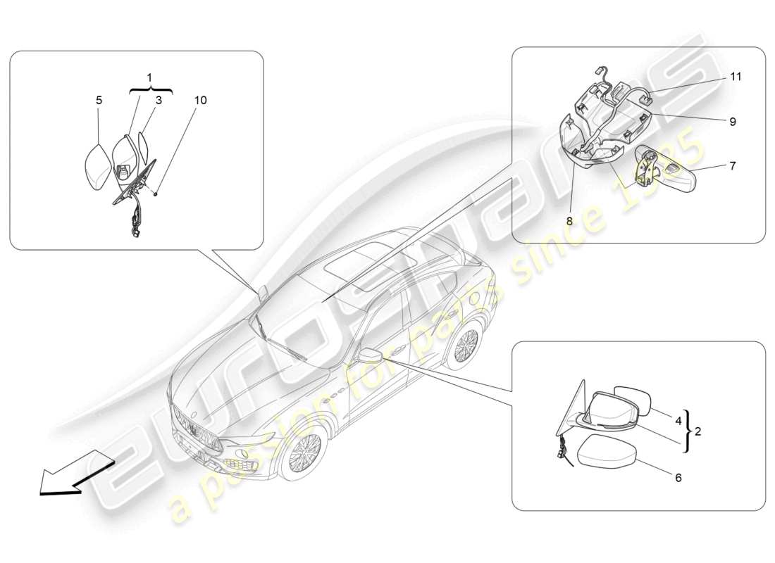 maserati levante (2020) diagrama de piezas de los espejos retrovisores internos y externos