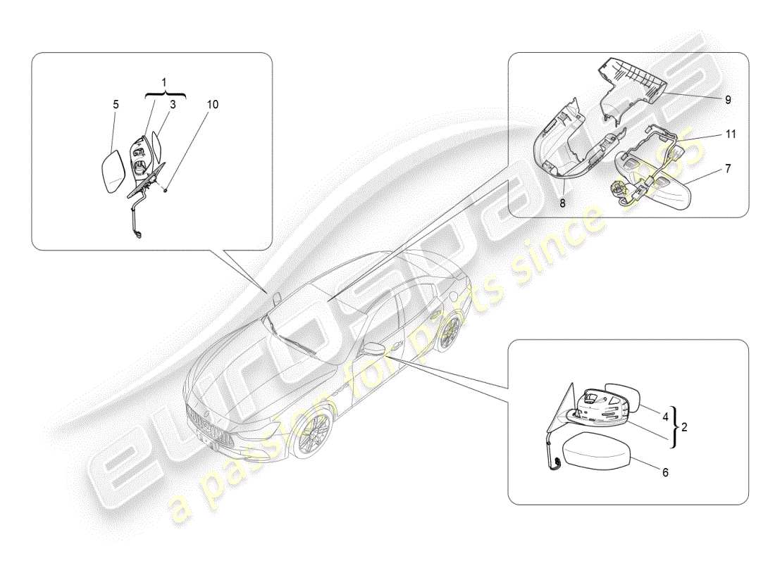 maserati ghibli (2021) diagrama de piezas de los espejos retrovisores internos y externos