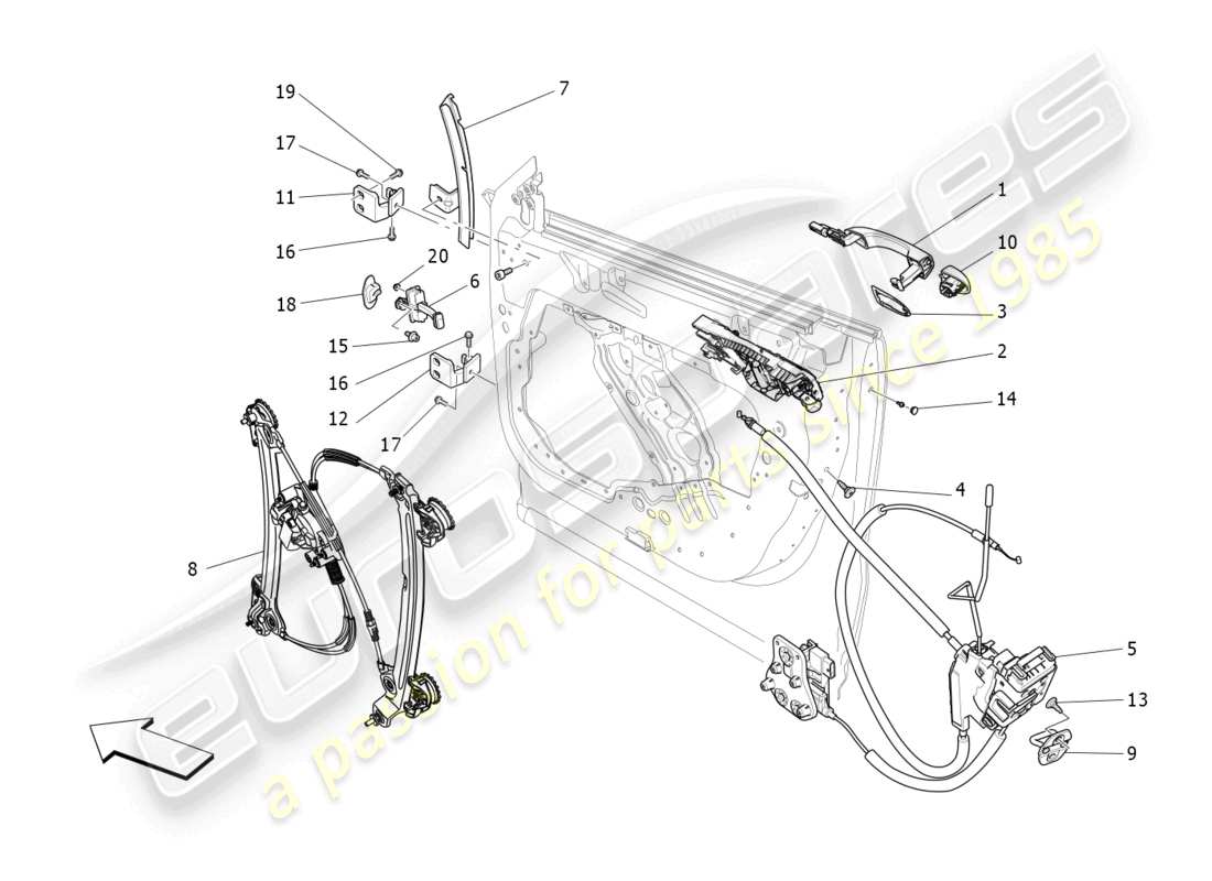 maserati levante trofeo (2020) puertas delanteras: diagrama de piezas de mecanismos