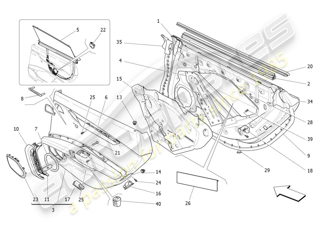 maserati quattroporte (2018) puertas traseras: diagrama de piezas de los paneles embellecedores