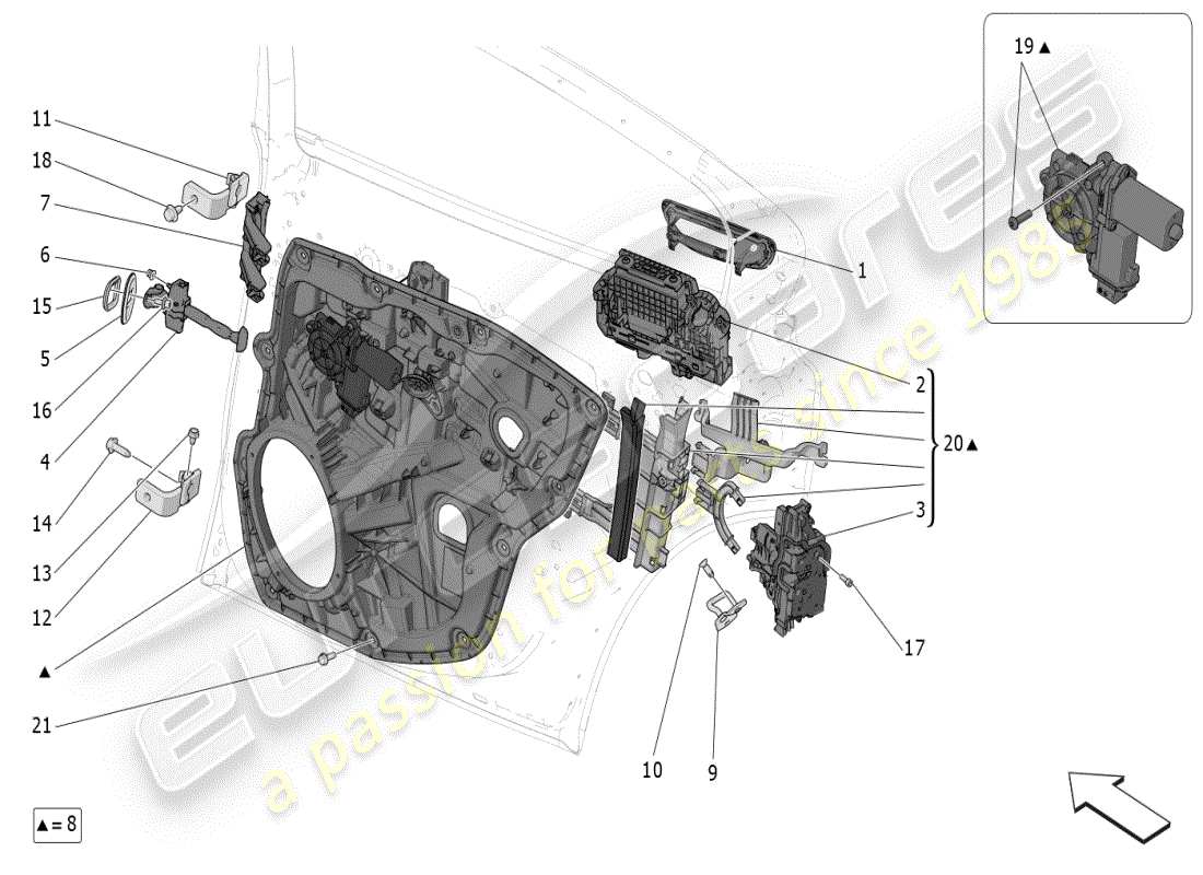 maserati grecale modena (2023) puertas traseras: diagrama de piezas de mecanismos