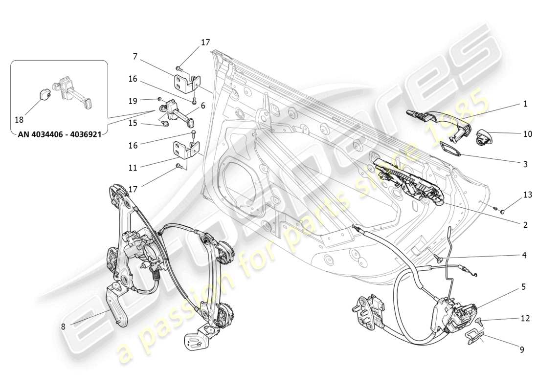maserati quattroporte (2018) puertas traseras: diagrama de piezas de mecanismos