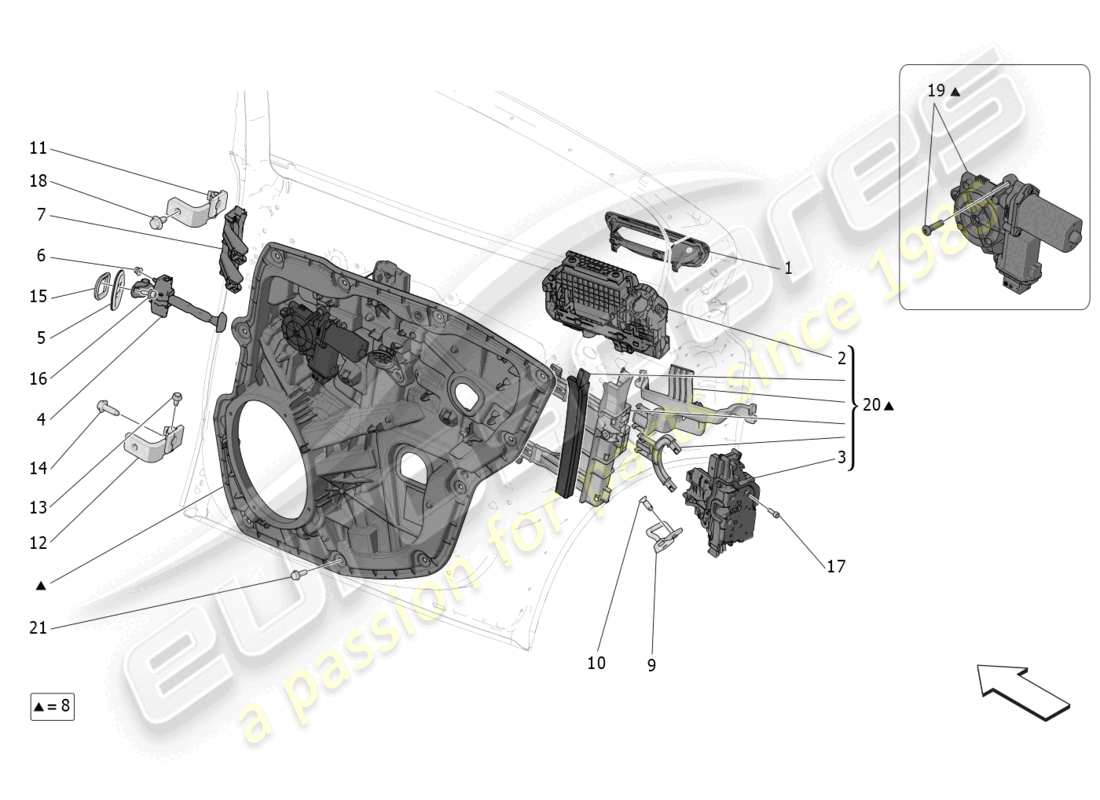 maserati grecale trofeo (2023) puertas traseras: mecanismos diagrama de piezas