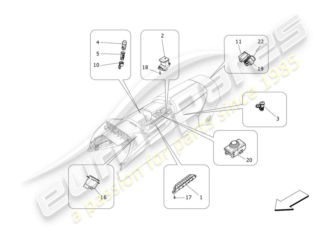 maserati levante modena s (2022) diagrama de piezas de los dispositivos de la consola central