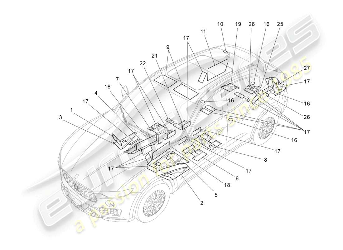 maserati levante modena (2022) paneles de insonorización en el interior del vehículo. diagrama de piezas.