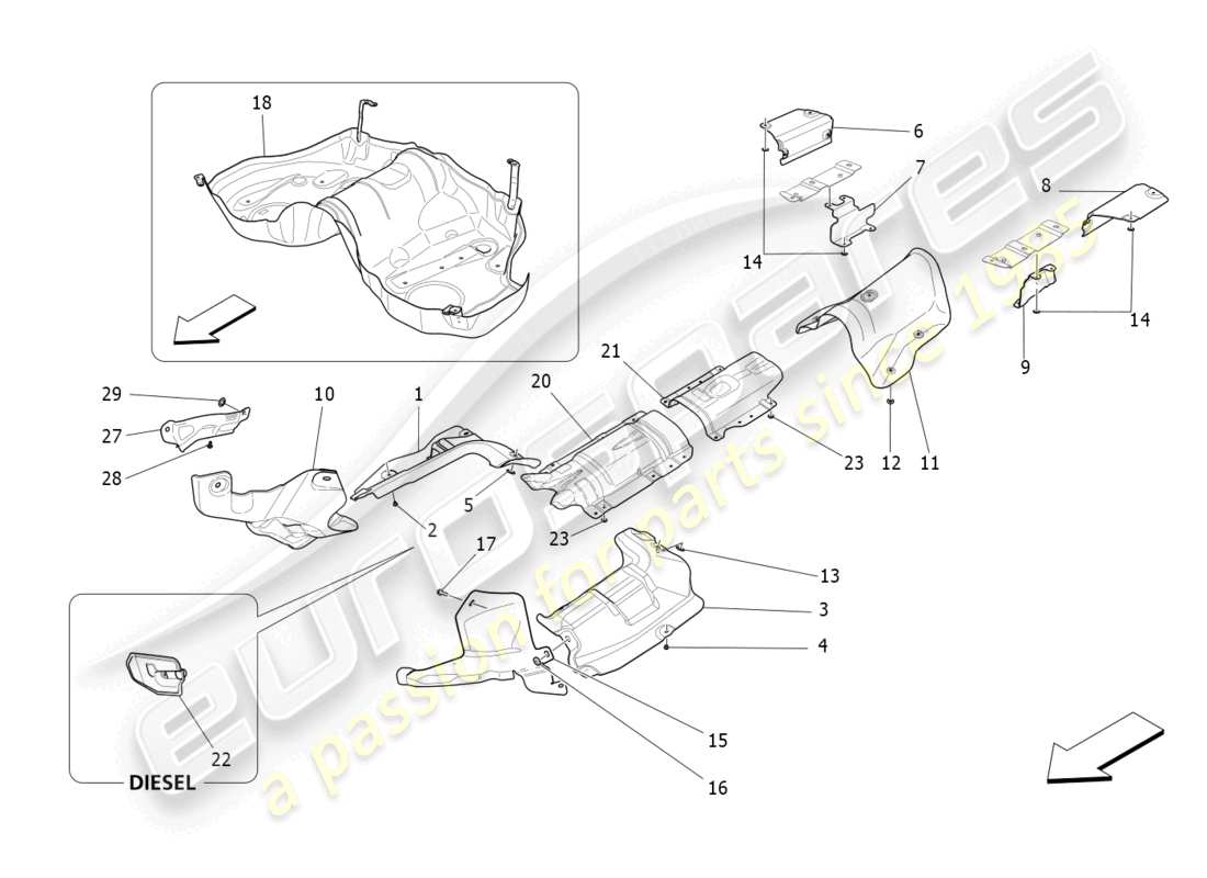 maserati levante modena (2022) paneles aislantes térmicos diagrama de piezas