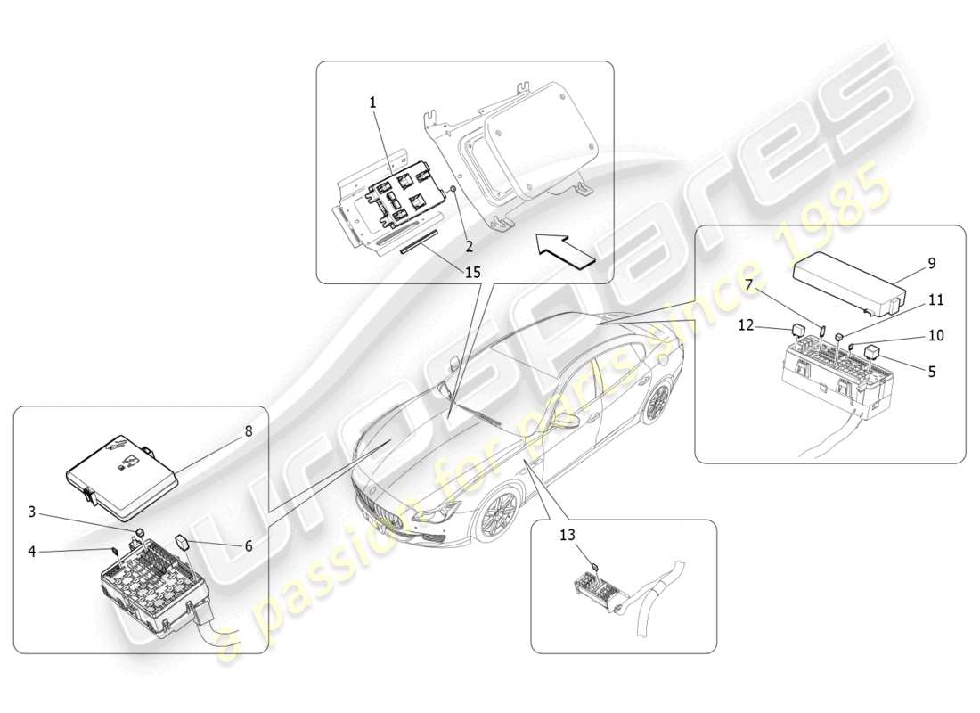 maserati quattroporte (2018) diagrama de piezas de relés, fusibles y cajas