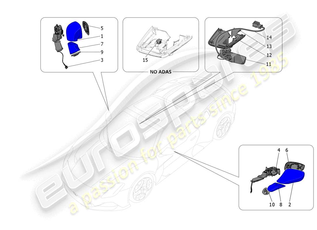 maserati mc20 cielo (2023) diagrama de piezas de los espejos retrovisores internos y externos