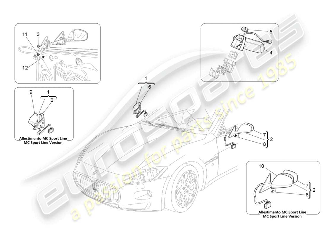 maserati grancabrio mc (2013) diagrama de piezas de los espejos retrovisores internos y externos