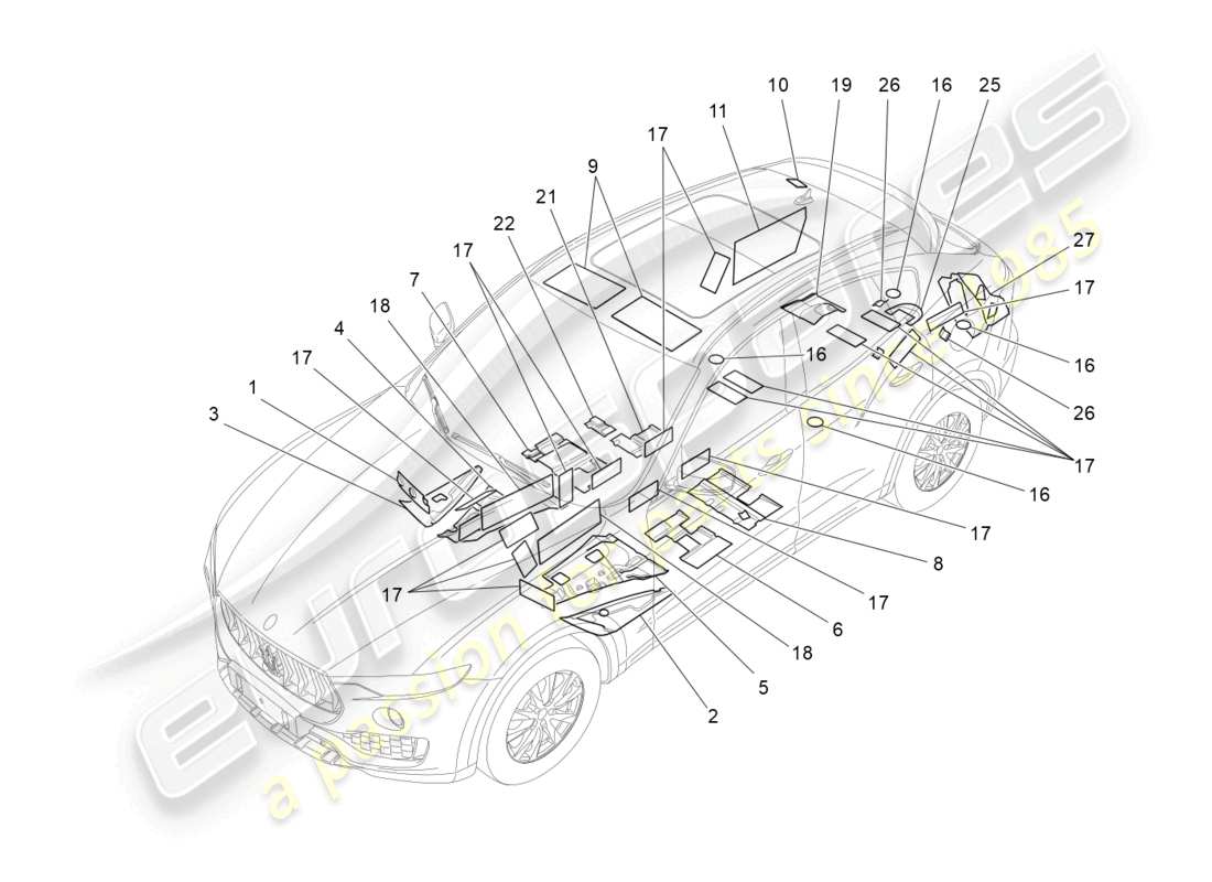 maserati levante (2018) paneles de insonorización en el interior del vehículo. diagrama de piezas.