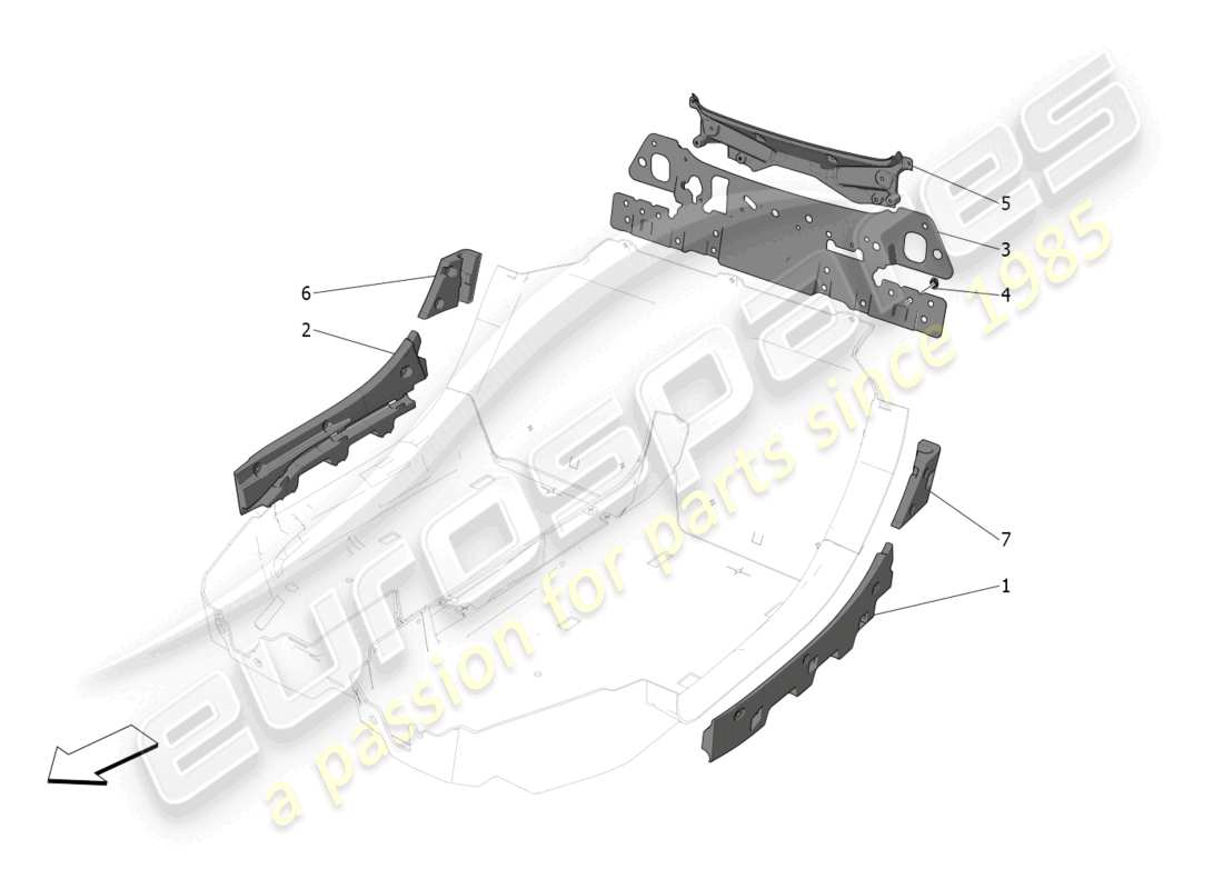 maserati mc20 (2022) paneles de insonorización en el interior del vehículo. diagrama de piezas.