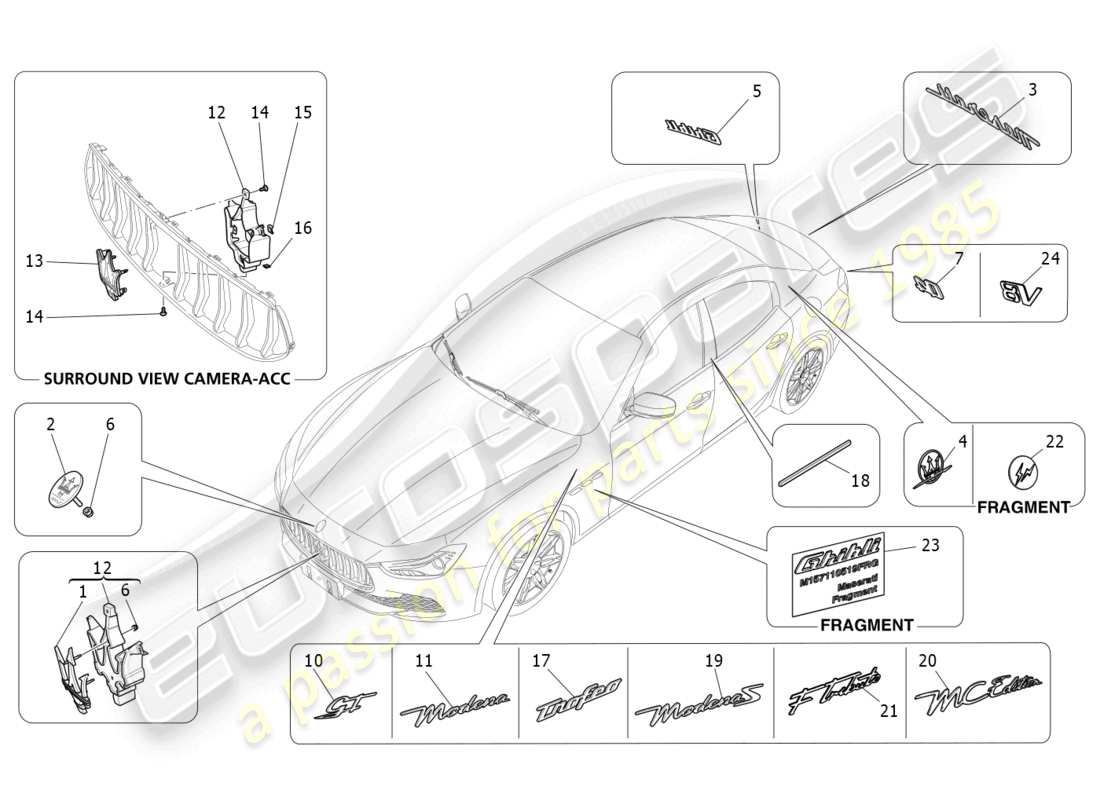 maserati ghibli fragment (2022) diagrama de piezas de adornos, marcas y símbolos