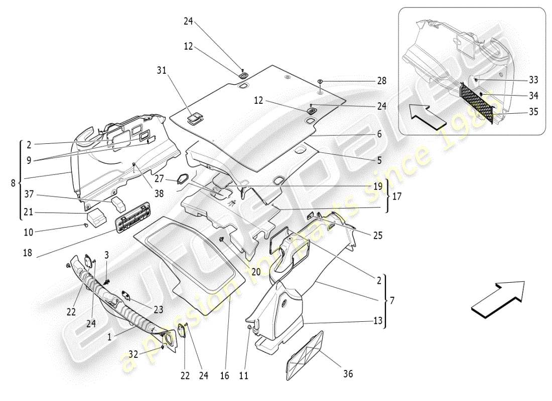 maserati ghibli (2021) alfombrillas del maletero diagrama de piezas