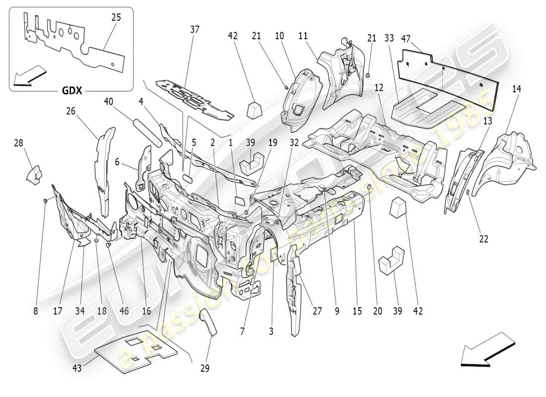 maserati ghibli (2021) paneles de insonorización en el interior del vehículo. diagrama de piezas.