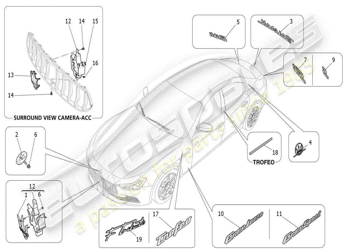 maserati ghibli (2021) diagrama de piezas de adornos, marcas y símbolos