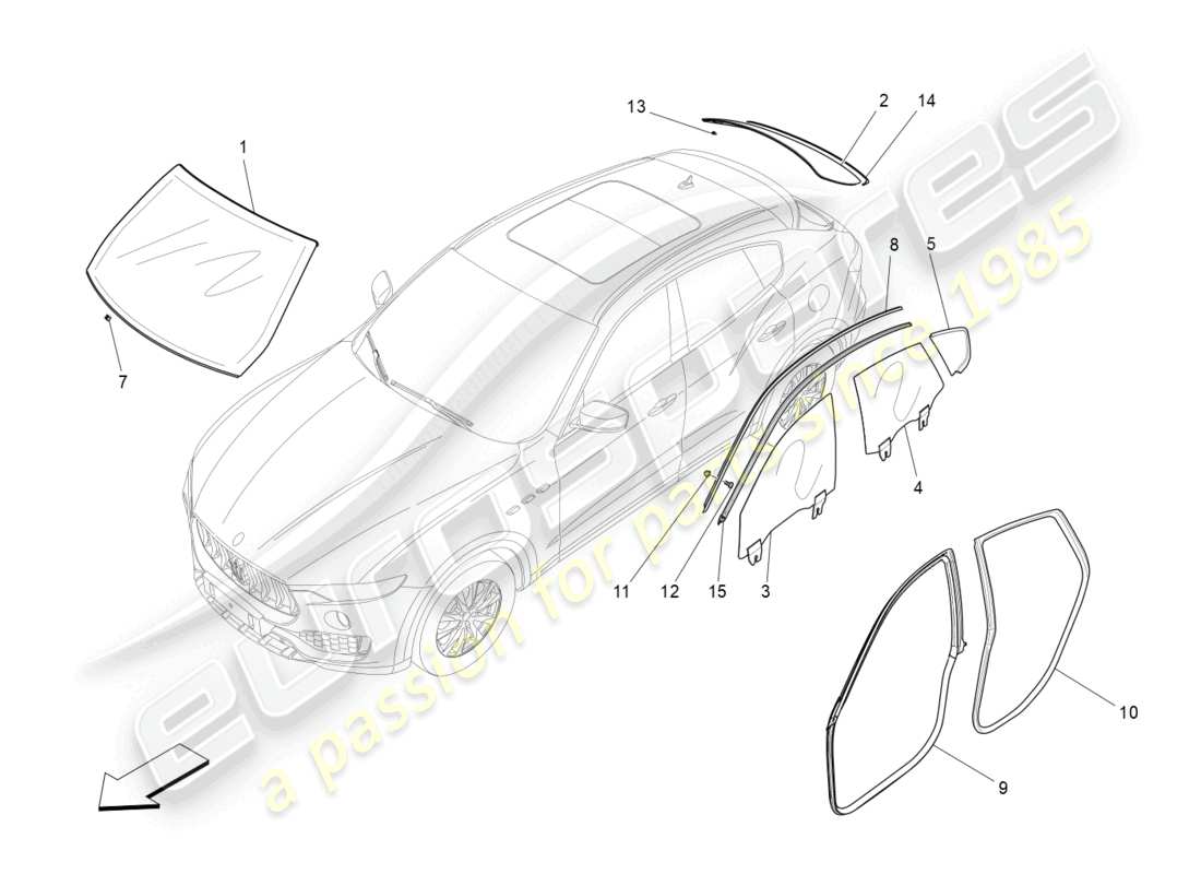 maserati levante modena (2022) diagrama de piezas de ventanas y listones de ventanas