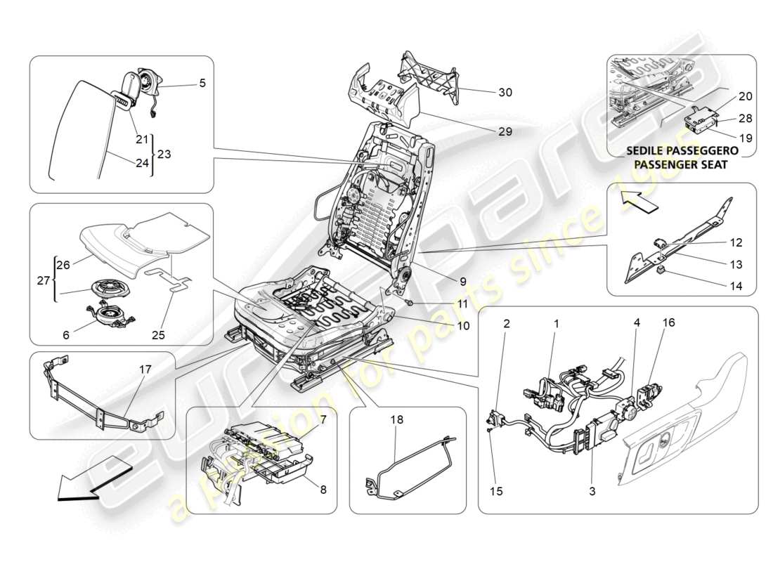 maserati levante trofeo (2020) asientos delanteros: diagrama de piezas de mecánica y electrónica