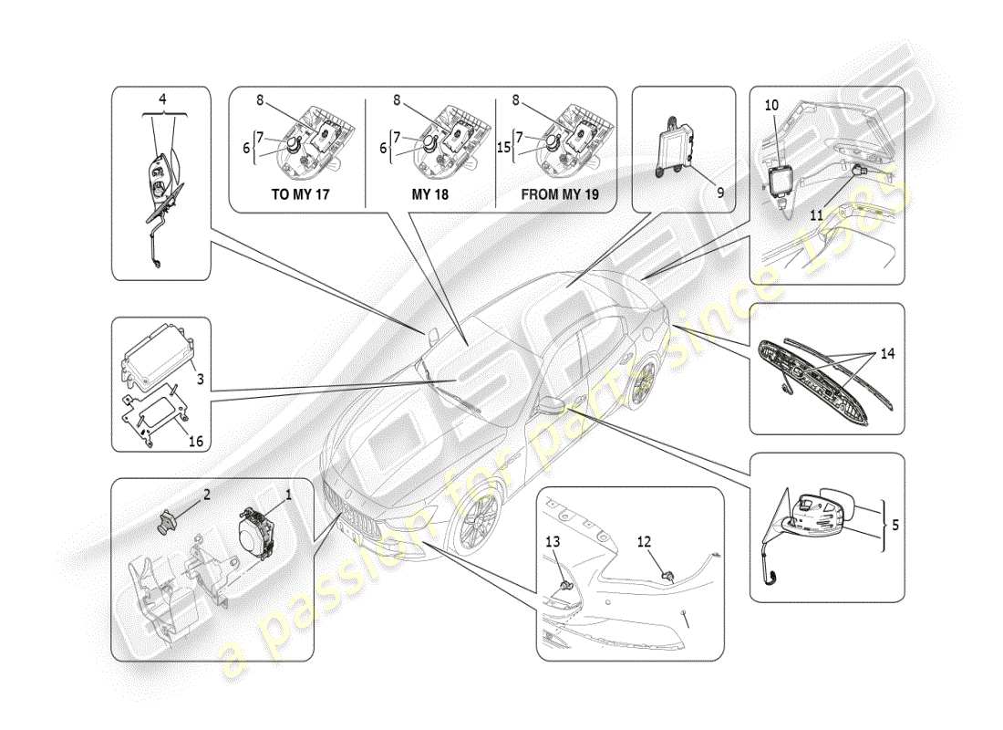 maserati ghibli (2019) sistema de asistencia a la conducción diagrama de piezas