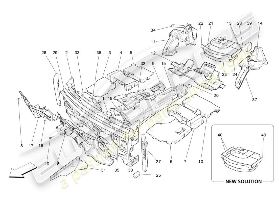 maserati levante tributo (2021) paneles de insonorización en el interior del vehículo. diagrama de piezas.