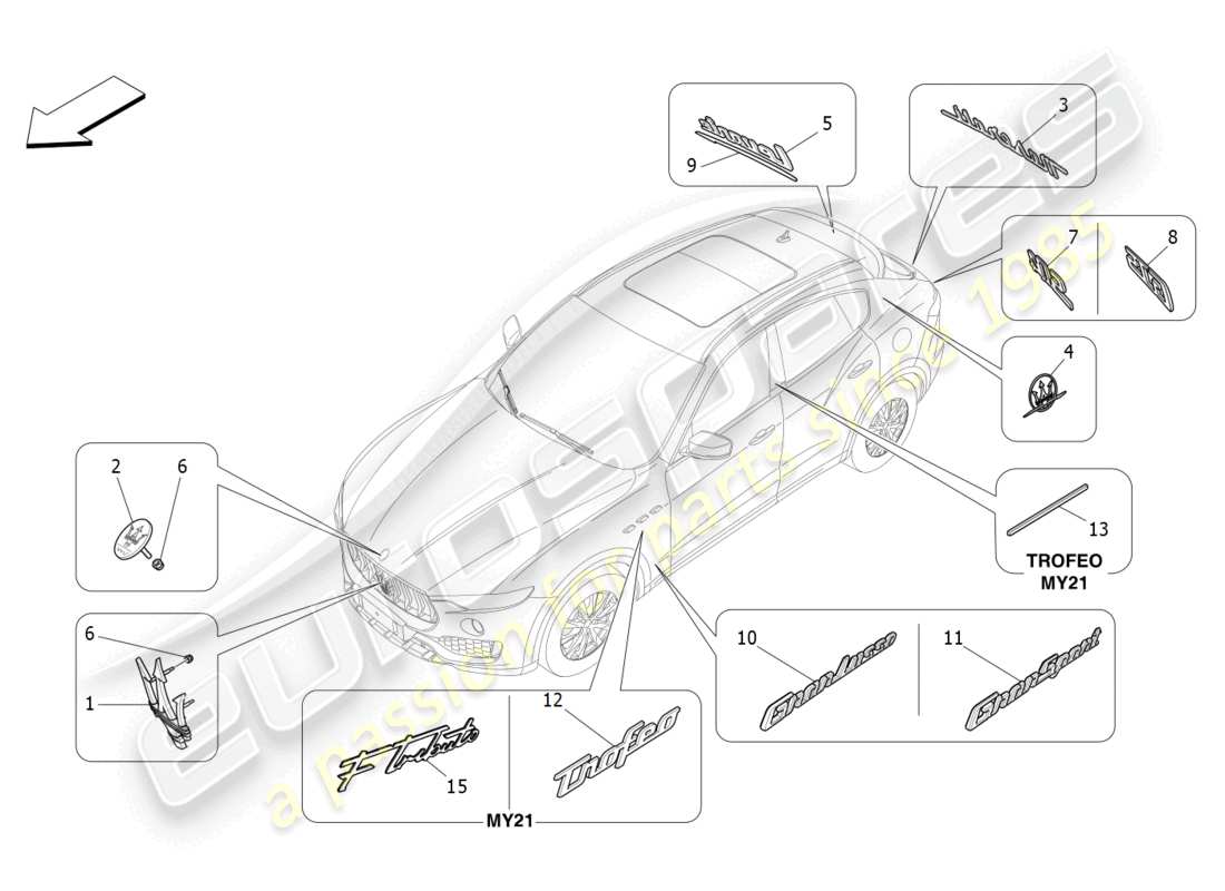 maserati levante tributo (2021) diagrama de piezas de adornos, marcas y símbolos