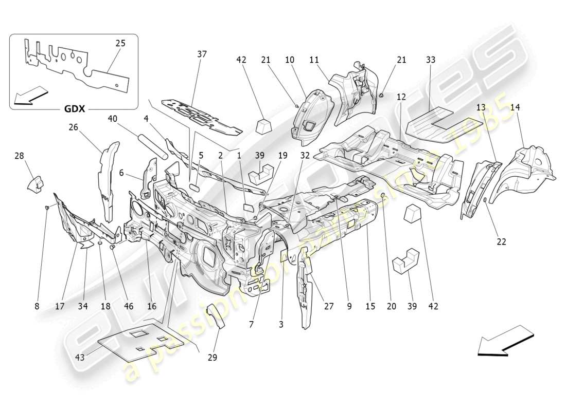 maserati ghibli fragment (2022) paneles de insonorización en el interior del vehículo. diagrama de piezas.