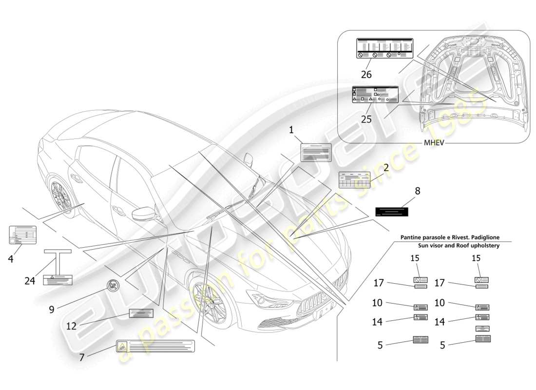 maserati ghibli fragment (2022) diagrama de piezas de pegatinas y etiquetas