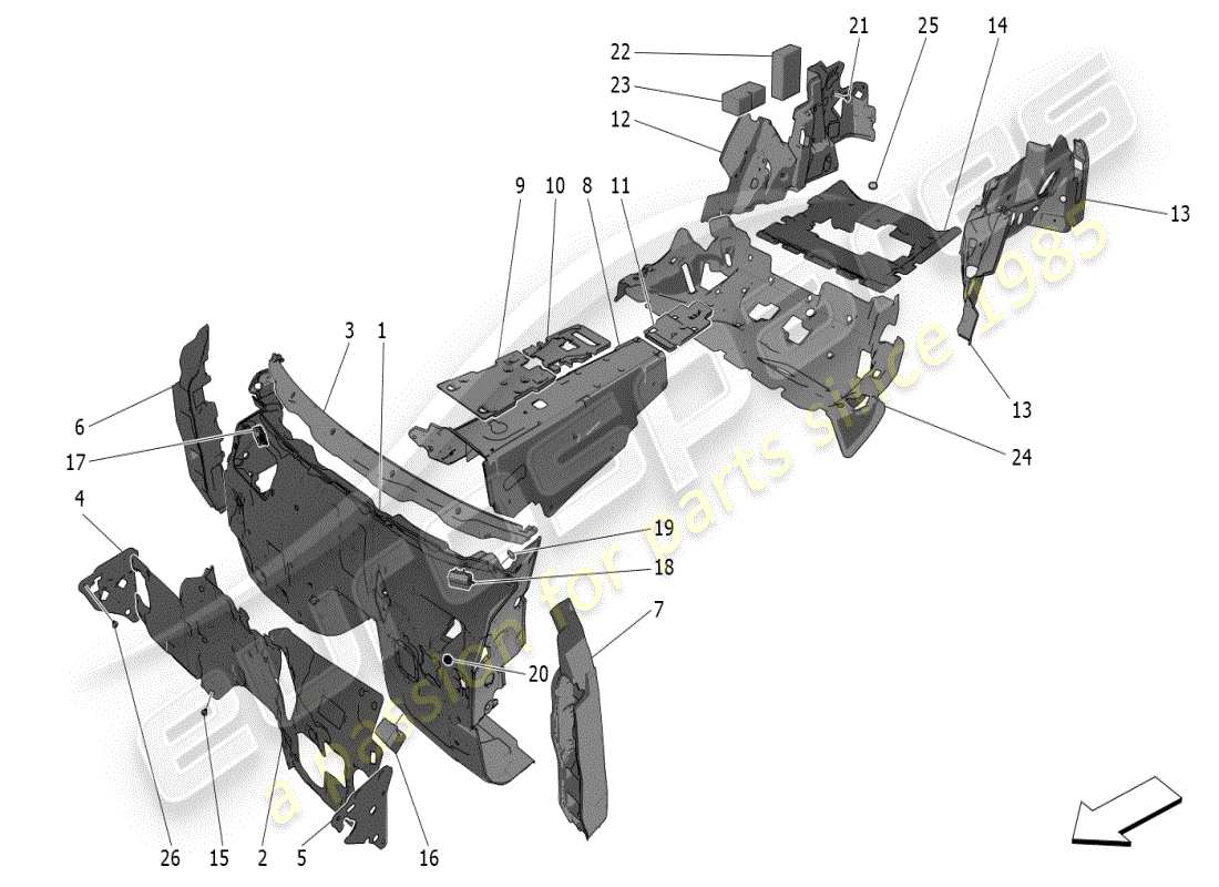 maserati grecale modena (2023) paneles de insonorización en el interior del vehículo. diagrama de piezas.