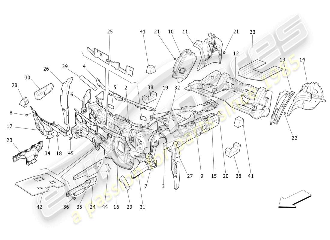 maserati quattroporte (2018) paneles de insonorización en el interior del vehículo. diagrama de piezas.