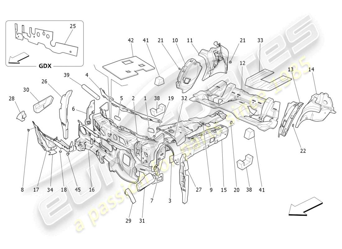maserati quattroporte (2018) paneles de insonorización en el interior del vehículo. diagrama de piezas.