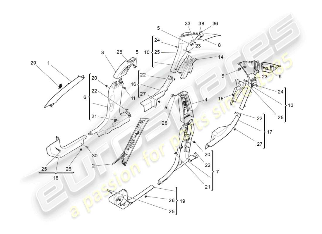 maserati ghibli fragment (2022) diagrama de piezas de paneles laterales y embellecedores del pilar b del compartimento de pasajeros