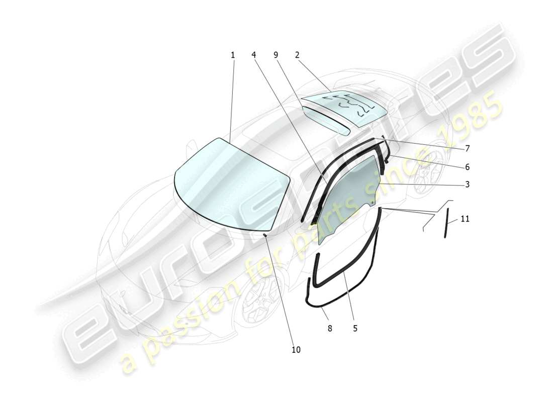 maserati mc20 (2022) diagrama de piezas de ventanas y listones de ventanas