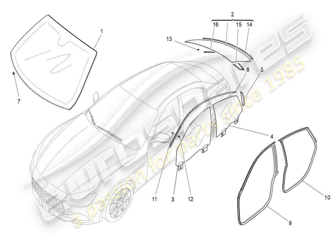 maserati ghibli (2019) ventanas y bandas de ventanas diagrama de piezas
