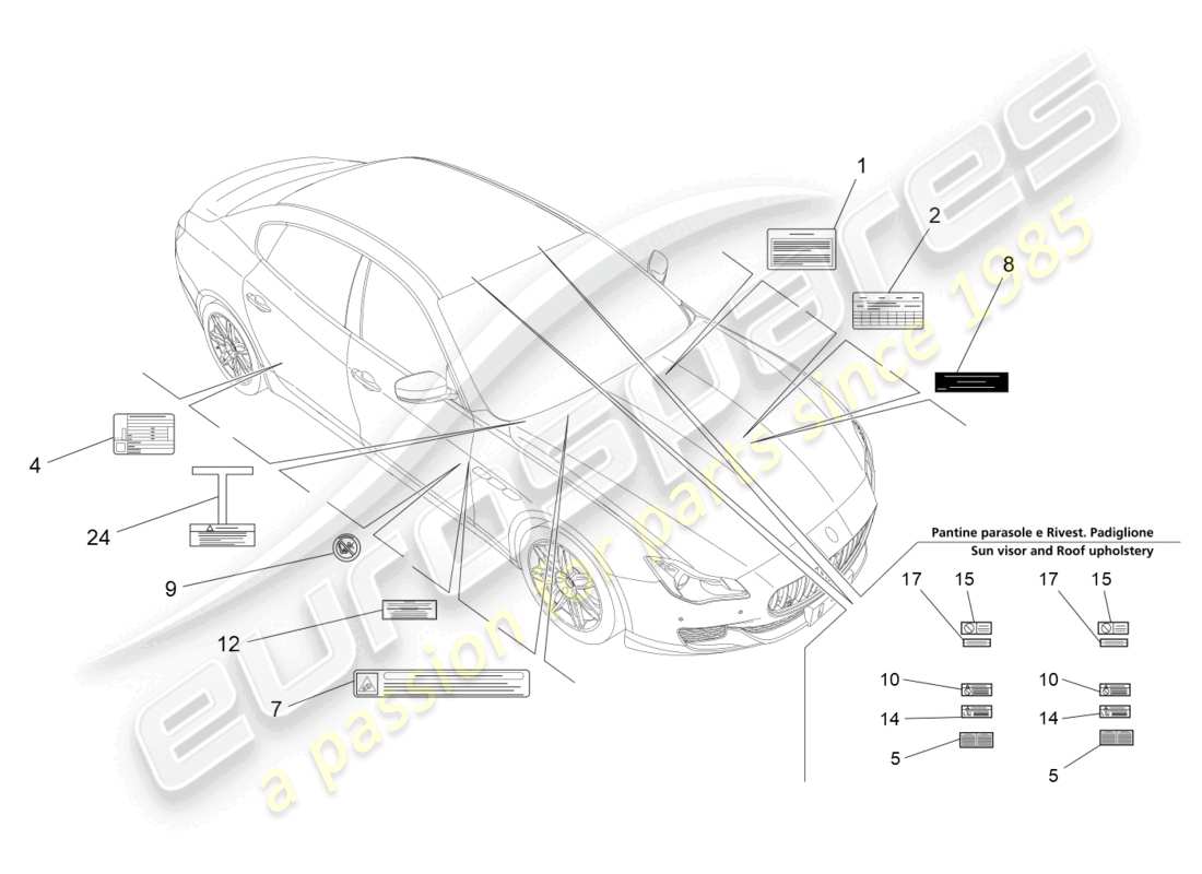 maserati quattroporte (2018) diagrama de piezas de pegatinas y etiquetas
