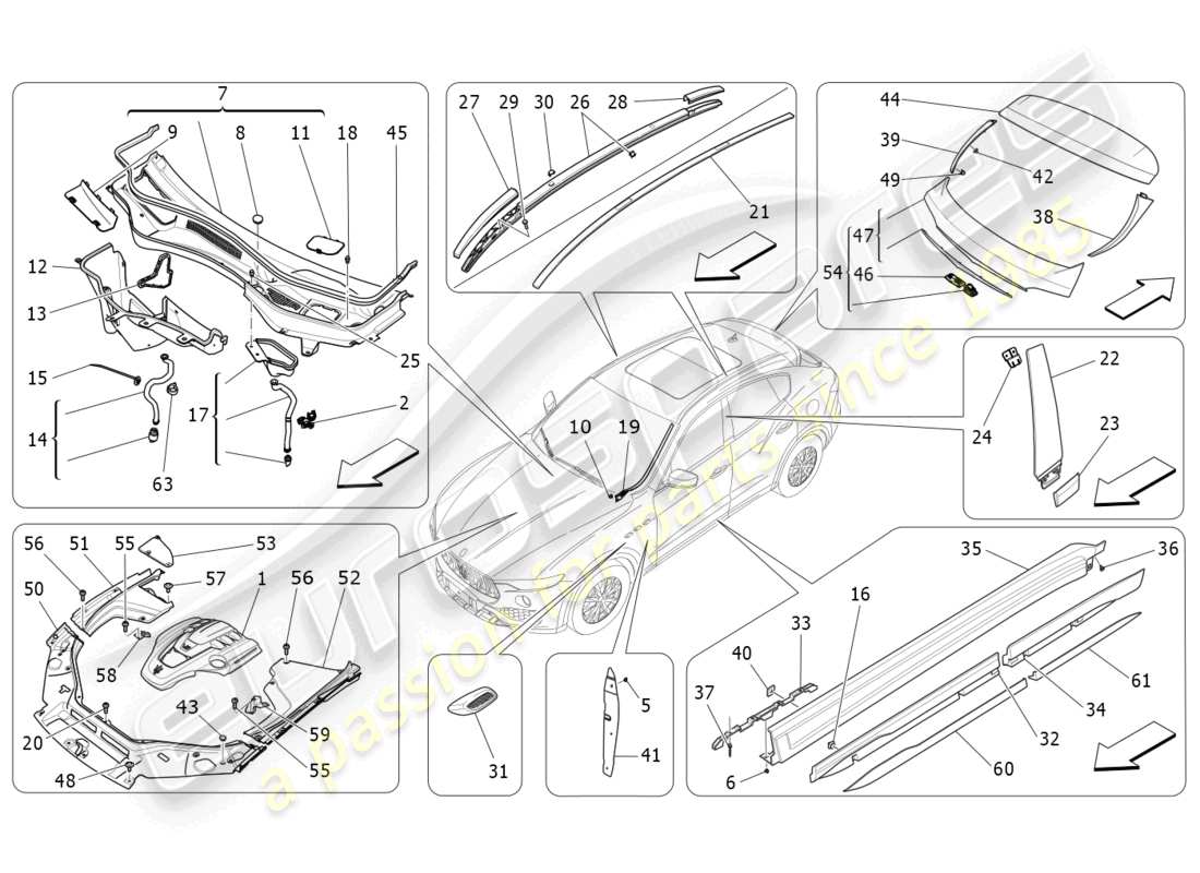 maserati levante trofeo (2020) diagrama de piezas de escudos, molduras y paneles de cobertura