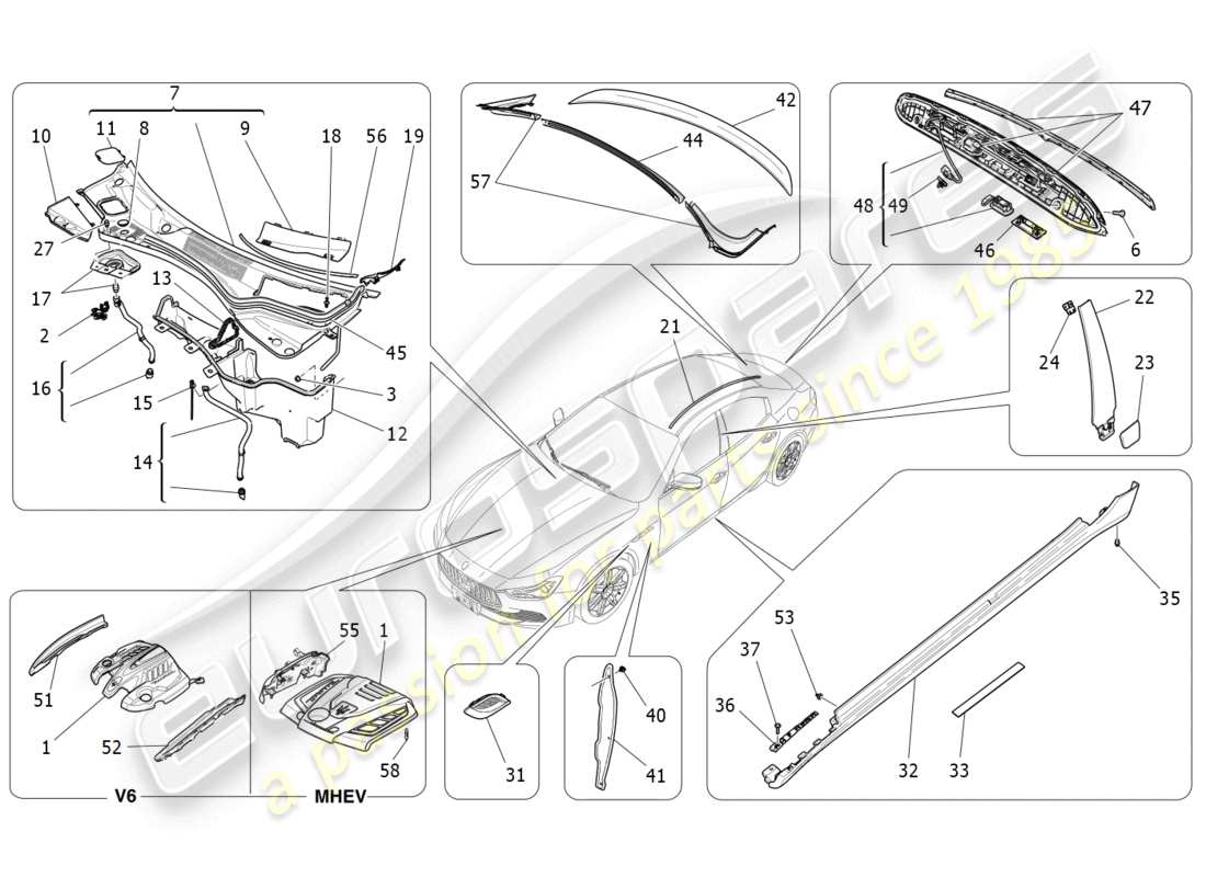 maserati ghibli fragment (2022) diagrama de piezas de escudos, molduras y paneles de cobertura