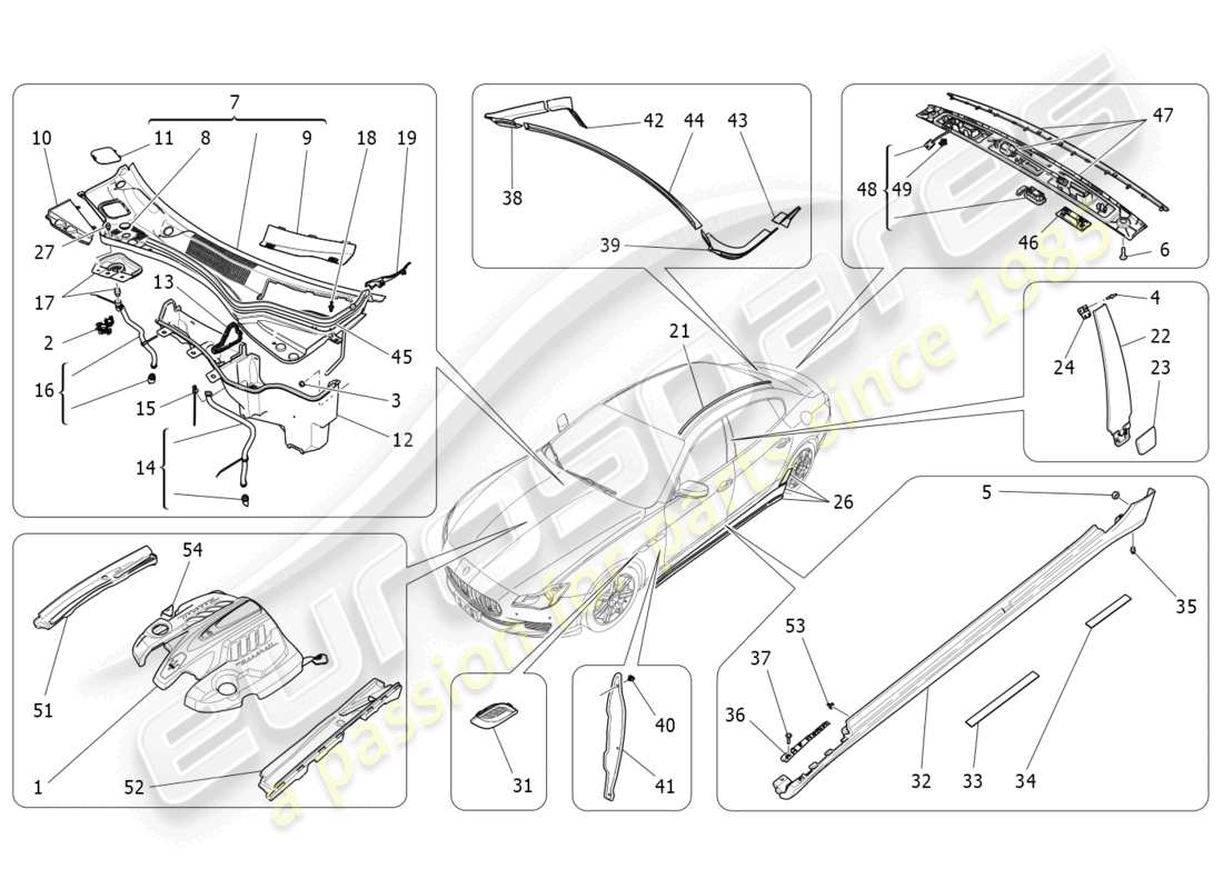 maserati quattroporte (2018) diagrama de piezas de escudos, molduras y paneles de cobertura