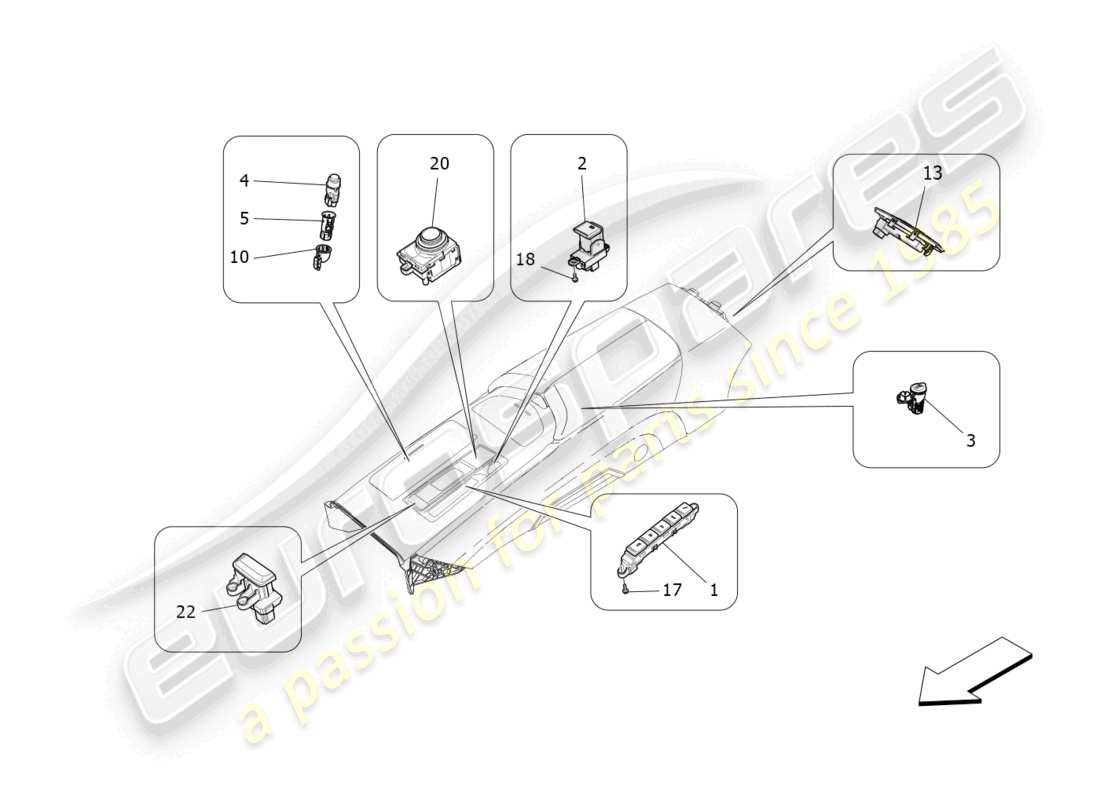 maserati ghibli fragment (2022) diagrama de piezas de los dispositivos de la consola central