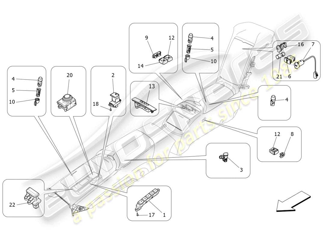 maserati quattroporte (2018) diagrama de piezas de los dispositivos de la consola central