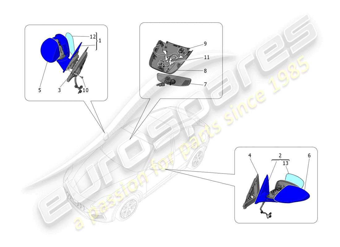 maserati grecale trofeo (2023) diagrama de piezas de los espejos retrovisores internos y externos