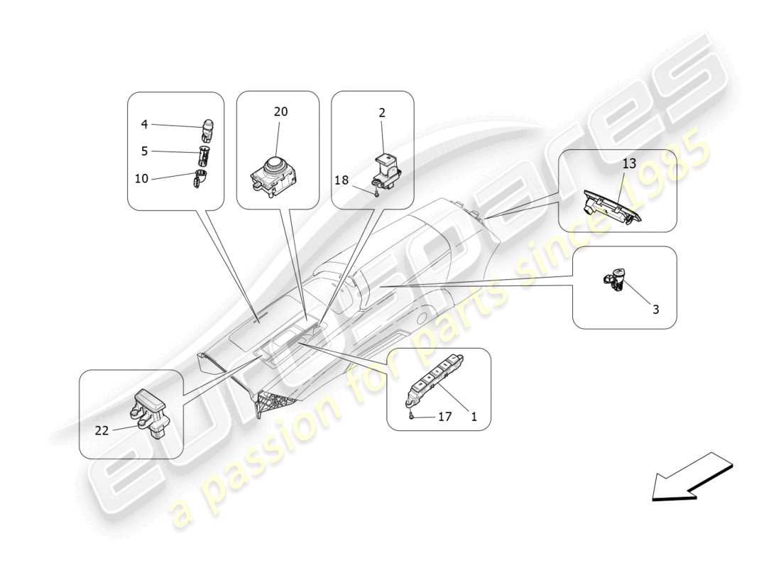 maserati quattroporte (2018) diagrama de piezas de los dispositivos de la consola central