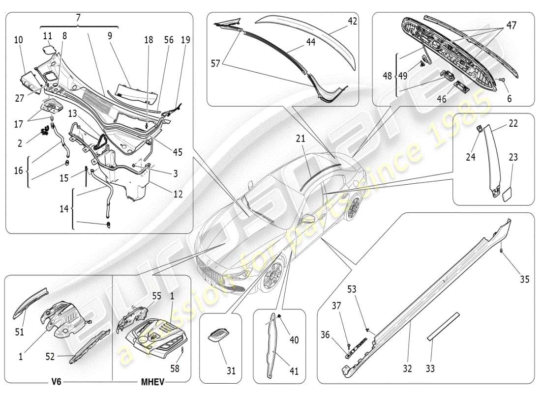 maserati ghibli (2021) diagrama de piezas de escudos, molduras y paneles de cobertura