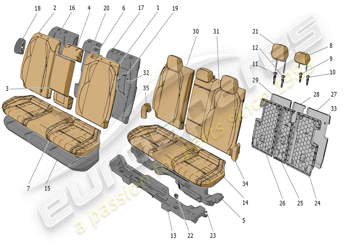 maserati grecale modena (2023) asientos traseros: diagrama de piezas de los paneles decorativos